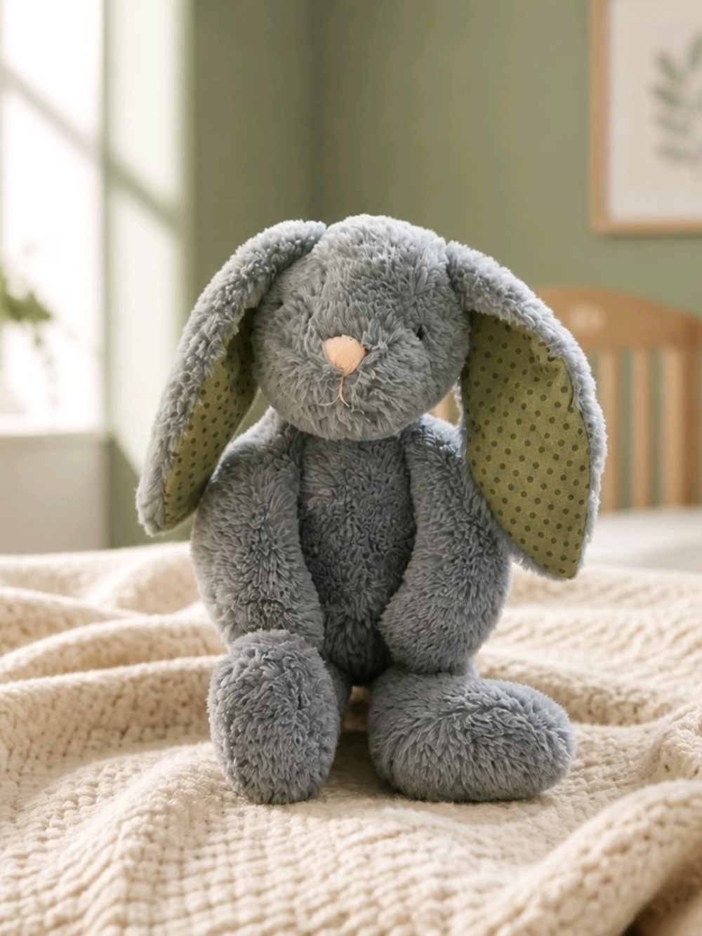 Gray Plush Bunny with Green Polka-Dot Ears - Soft Cuddly Stuffed Animal